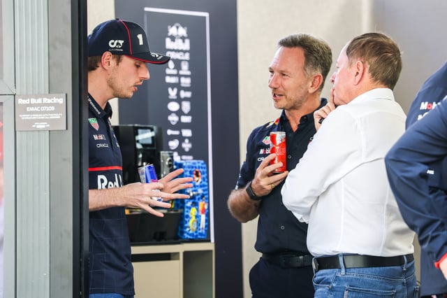 Max Verstappen of the Netherlands and Oracle Red Bull Racing speaks with Team Principal Christian Horner and Sky Sports presenter Martin Brundle inside the Red Bull hospitality suite during qualifying ahead of the F1 Grand Prix of Australia at Albert Park Grand Prix Circuit on March 15, 2025 in Melbourne, Australia.
