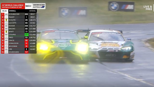 Liam Talbot (left) and Brad Schumacher made contact out of Turn 3 during the second GT World Challenge Australia race at Sandown.