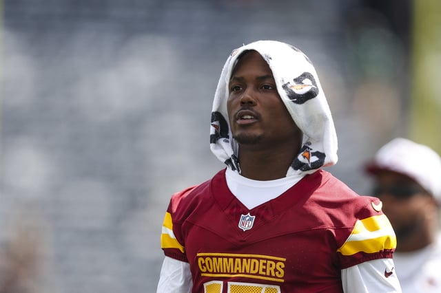 Terry McLaurin #17 of the Washington Commanders looks on after an NFL football game against the New York Jets at MetLife Stadium on August 10, 2024 in East Rutherford, NJ.