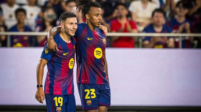 Roony Bardghji (L) celebrates scoring for FC Barcelona vs Vissel Kobe. | Image: X/@FCBarcelona