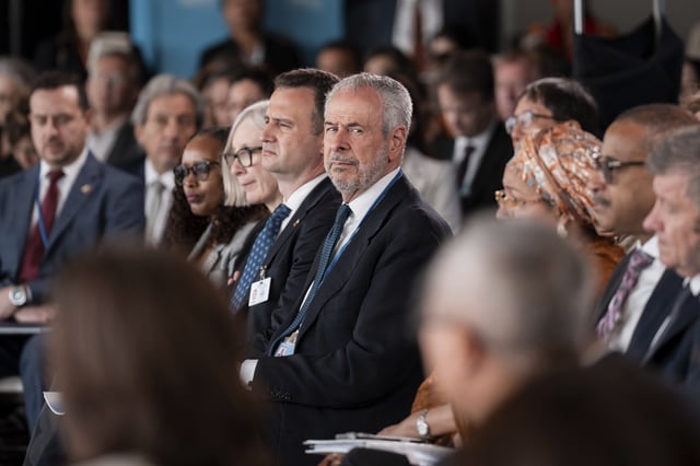 COP30 President-designate André Corrêa do Lago listens as United Nations Secretary-General Antonio Guterres delivers a speech on climate action "A Moment of Opportunity: Supercharging the New Energy Era" at the United Nations headquarters on Tuesday, July 22, 2025, in New York. (AP Photo/Adam Gray)