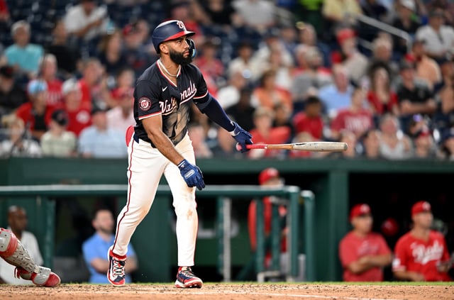WASHINGTON, DC - JULY 21: Amed Rosario #13 of the Washington Nationals bats against the Cincinnati Reds at Nationals Park on July 21, 2025 in Washington, DC. (Photo by G Fiume/Getty Images)