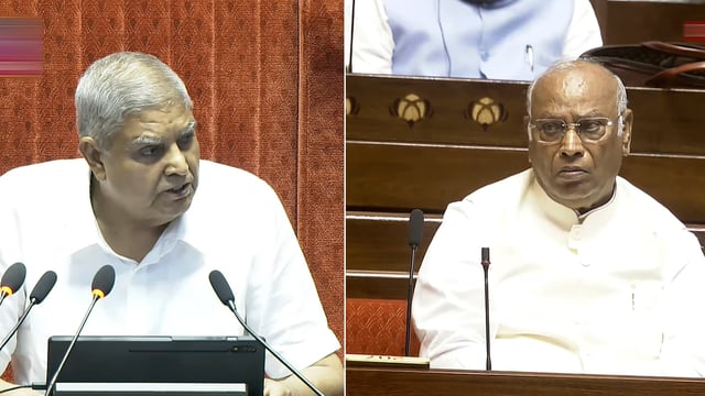 Former Vice President and Rajya Sabha Chairman Jagdeep Dhankhar (left) with Congress President and Leader of Opposition in Rajya Sabha Mallikarjun Kharge (right) on the first day of the Monsoon Session of Parliament, July 21.