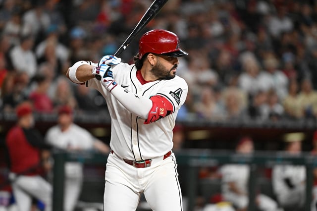 PHOENIX, ARIZONA - JULY 20: Eugenio Suarez #28 of the Arizona Diamondbacks gets ready in the batters box against the St. Louis Cardinals at Chase Field on July 20, 2025 in Phoenix, Arizona.