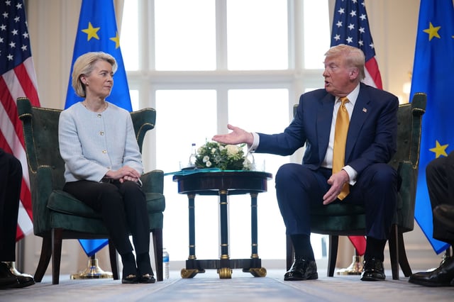 President of the European Commission Ursula von der Leyen meets with U.S. President Donald Trump at Trump Turnberry golf club on July 27, 2025, in Turnberry, Scotland.