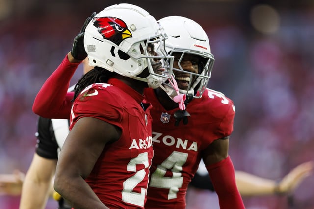 GLENDALE, ARIZONA - JANUARY 5: Cornerback Starling Thomas V #24 of the Arizona Cardinals walks off with safety Jalen Thompson #34 after an altercation during the first half of an NFL football game against the San Francisco 49ers at State Farm Stadium on January 5, 2025 in Glendale, Arizona.