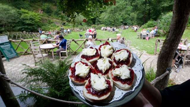 A traditional cream tea served at the National Trust property Watersmeet in Lynmouth, Devon