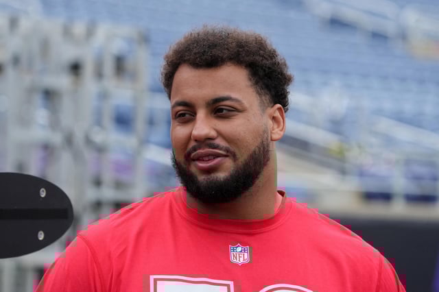 Feb 1, 2025; Orlando, FL, USA; Los Angeles Chargers tackle Rashawn Slater (70) during AFC Practice for the Pro Bowl Games at Camping World Stadium. Mandatory Credit: Kirby Lee-Imagn Images/File Photo