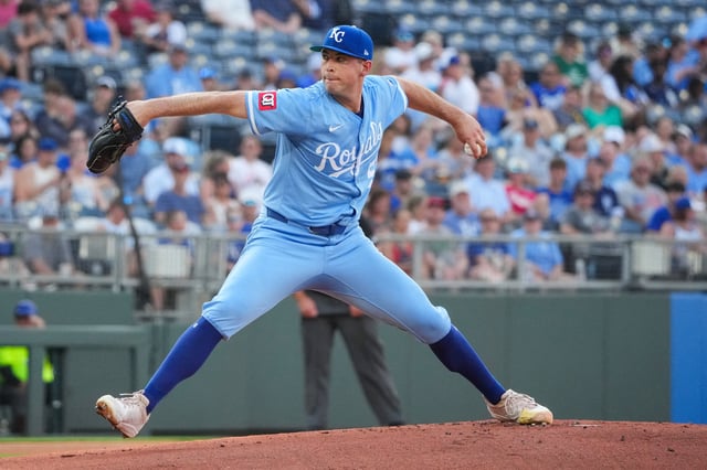 Jul 26, 2025; Kansas City, Missouri, USA; Kansas City Royals starting pitcher Kris Bubic (50) delivers a pitch against the Cleveland Guardians during the first inning at Kauffman Stadium. Mandatory Credit: Denny Medley-Imagn Images/File Photo