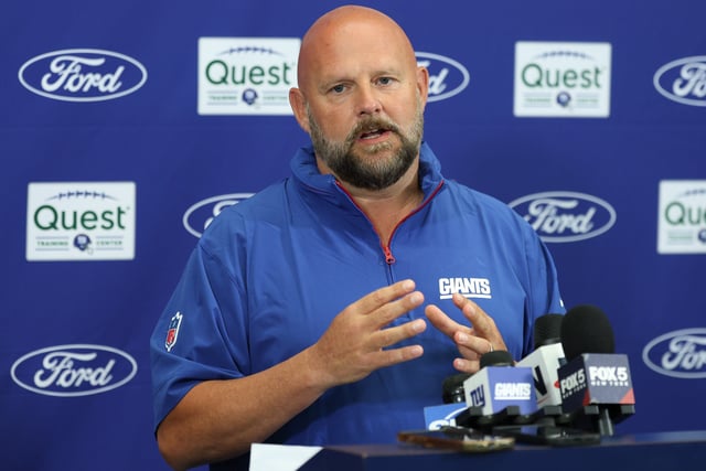 Jul 24, 2025; East Rutherford, NJ, USA; New York Giants head coach Brian Daboll talks with media during training camp at Quest Diagnostics Training Center. Mandatory Credit: Vincent Carchietta-Imagn Images/File Photo