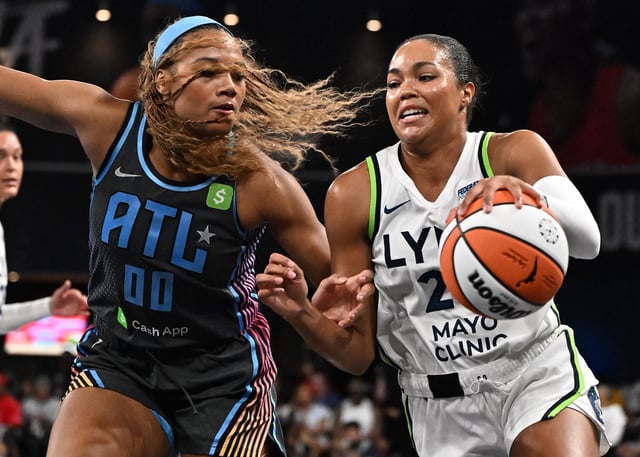 Napheesa Collier #24 of the Minnesota Lynx handles the ball as Naz Hillmon #00 of the Atlanta Dream plays defense during the first quarter at Gateway Center Arena on June 27, 2025 in College Park, Georgia.
