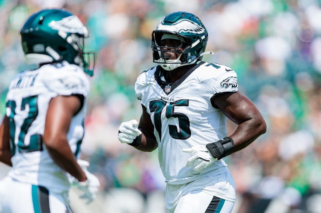 Aug 24, 2024; Philadelphia, Pennsylvania, USA; Philadelphia Eagles defensive end Tarron Jackson (75) looks on during the second quarter against the Minnesota Vikings at Lincoln Financial Field. Mandatory Credit: Caean Couto-USA TODAY Sports/File Photo