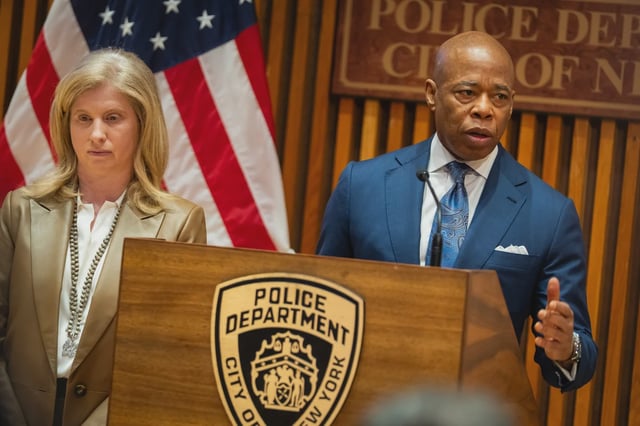 Mayor Eric Adams and Police Commissioner Jessica Tisch brief the media.