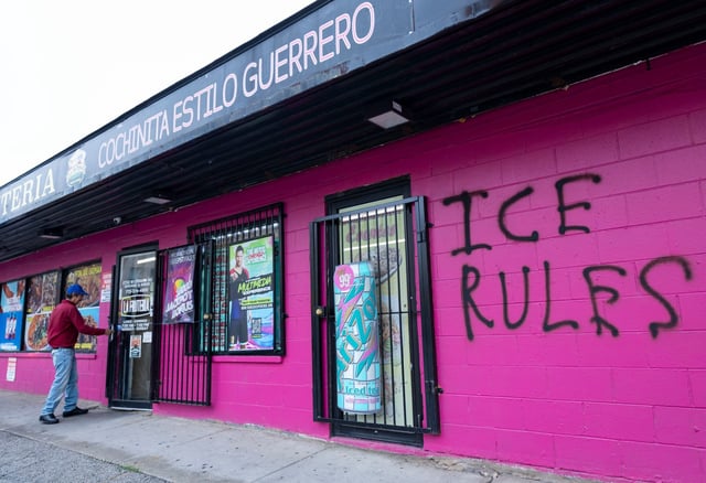 Graffiti reading “ICE rules” was visible after an overnight vandal tagged a grocery store on July 20, 2025, in the 2700 block of West Cermak Road in the Little Village neighborhood of Chicago. (Brian Cassella/Chicago Tribune)