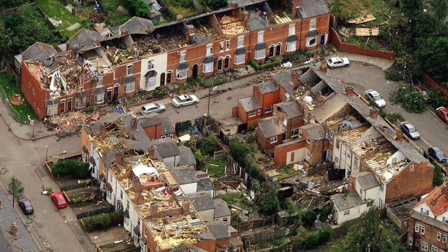Devastation in Sparkbrook, Birmingham, after the tornado of July 28, 2005