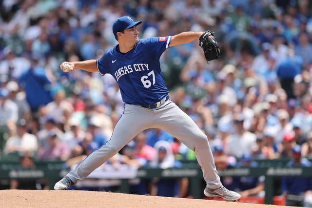CHICAGO, ILLINOIS - JULY 23: Seth Lugo #67 of the Kansas City Royals delivers a pitch against the Chicago Cubs during the first inning at Wrigley Field on July 23, 2025 in Chicago, Illinois.