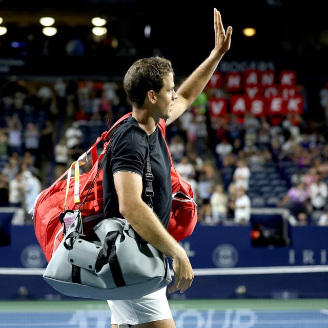 TORONTO, ONTARIO - JULY 27: Vasek Pospisil of Canada leaves the court after a ceremony for his retirement during the National Bank Open Presented by Rogers at Sobeys Stadium on July 27, 2025 in Toronto, Ontario. (Photo by Matthew Stockman/Getty Images)