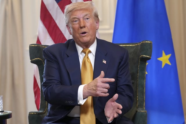 President Donald Trump gestures as he meets European Commission President Ursula von der Leyen at the Trump Turnberry golf course in Turnberry, Scotland Sunday, July 27, 2025. (AP Photo/Jacquelyn Martin)