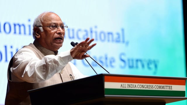Congress president Mallikarjun Kharge at Indira Bhawan in New Delhi.