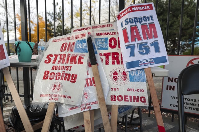Pro-union signs are pictured outside the Boeing Renton Production Facility on November 3, 2024. More than 3,000 members of the International Association of Machinists and Aerospace Workers in the St. Louis area voted on Sunday to go on strike.