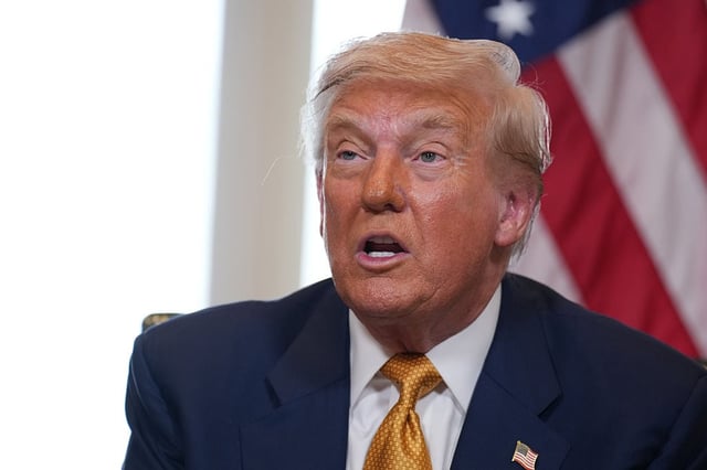 President Donald Trump at Trump during a meeting with President of the European Commission Ursula von der Leyen  at Turnberry golf club on July 27, 2025 in Turnberry, Scotland.