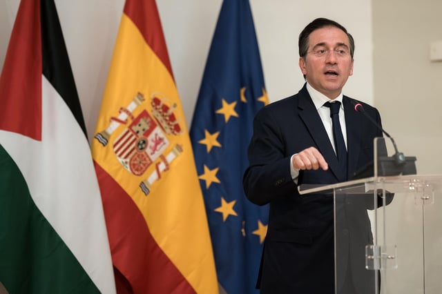 Archivo - El ministro de Asuntos Exteriores, Unión Europea y Cooperación, José Manuel Albares, interviene durante el acto de conmemoración del primer aniversario del reconocimiento del Estado de Palestina, en Casa Árabe, a 28 de mayo de 2025, en Madrid (E