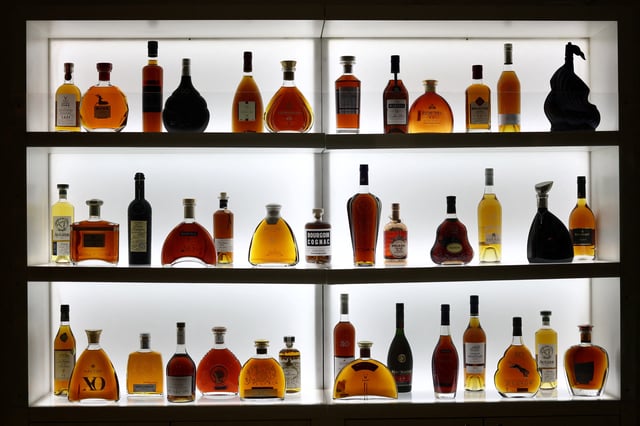 Bottles of Cognac are diplayed at the National Interprofessional Office of Cognac (BNIC), in Cognac, France, April 3, 2025. REUTERS/Stephane Mahe/ File Photo