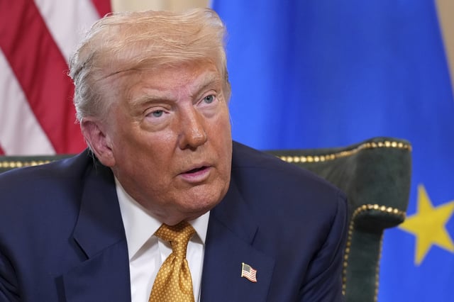 President Donald Trump speaks as he meets European Commission President Ursula von der Leyen at the Trump Turnberry golf course in Turnberry, Scotland Sunday, July 27, 2025.