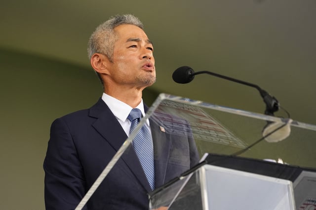 Jul 27, 2025; Cooperstown, NY, USA; Hall of Fame inductee Ichiro Suzuki makes his acceptance speech during the Baseball Hall of Fame Induction Ceremony at the Clark Sports Center. Mandatory Credit: Gregory Fisher-Imagn Images