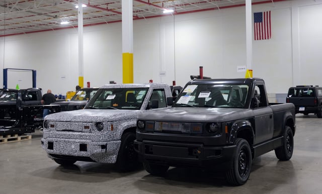Slate Auto test electric pickup trucks sit in the startup's beta facility in Orion Township, Michigan, U.S., June 6, 2025. REUTERS/Rebecca Cook