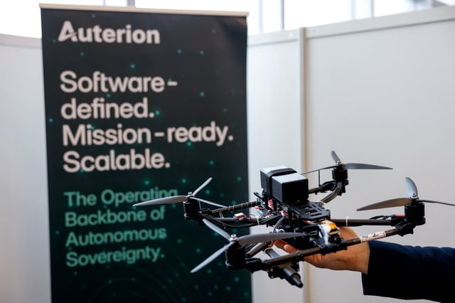 A drone with a controller by Skynode S by Auterion is displayed during a sea drone event in Yilan, Taiwan, June 17, 2025. REUTERS/Ann Wang