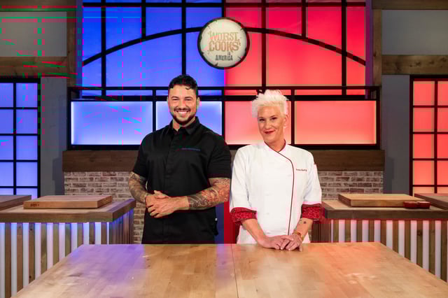 Chefs Gabriele "Gabe" Bertaccini, left, and Anne Burrell host Season 29 of Food Network's "Worst Cooks in America."