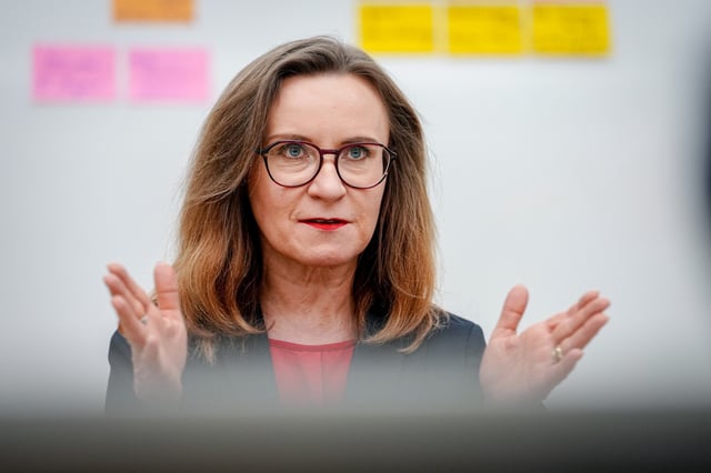 03 April 2025, Berlin: Sigrid Evelyn Nikutta, Member of the Board of Management for Freight Transport at Deutsche Bahn AG and Chairwoman of the Board of Management of DB Cargo AG, talks to journalists from Deutsche Presse-Agentur in an interview. Photo: Kay Nietfeld/dpa (Photo by Kay Nietfeld/picture alliance via Getty Images)