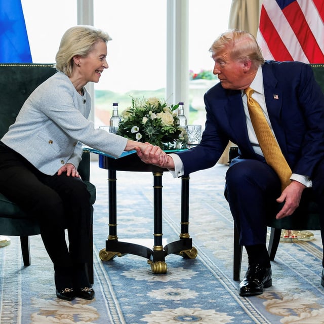 U.S. President Donald Trump shakes hands with European Commission President Ursula von der Leyen, in Turnberry, Scotland, July 27.