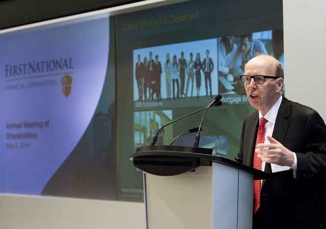 Stephen Smith, President and CEO of First National Financial Corp. addresses shareholders at the company's annual general meeting in Toronto on Monday, May 5, 2014. THE CANADIAN PRESS/Nathan Denette