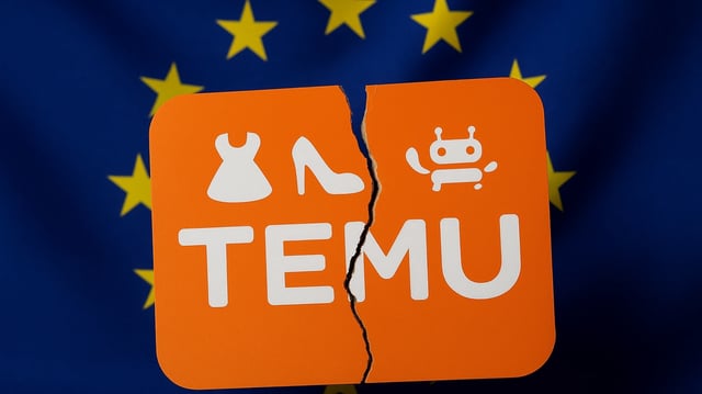 Zerbrochenes Logo von Temu vor einer EU-Flagge