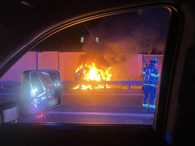 Adams County Fire Rescue crews respond to a crash and car fire on northbound Interstate 25 just after 4:15 a.m. on Monday, July 28, 2025. The car hit the highway&#39;s side wall and caught fire on impact. (Courtesy of Adams County Fire Rescue).