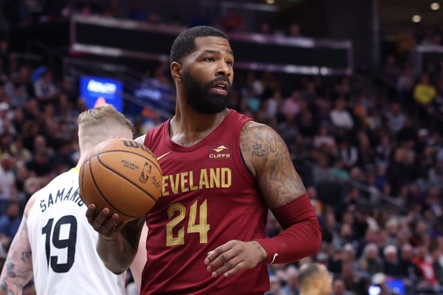 Cleveland Cavaliers forward Marcus Morris Sr. (24) reacts to a call against the Utah Jazz during the third quarter at Delta Center during the 2023-24 NBA season.
