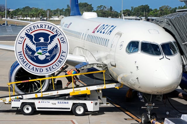 Main: A Delta Airlines plane is serviced at Sarasota-Bradenton International airport in Sarasota, Fla., Wednesday, April 2, 2025. This is not the flight where a pilot was arrested. 
Inset: The U.S. Department of Homeland Security signage and logo outside a Transportation Security Administration (TSA) checkpoint at Detroit Metropolitan Wayne County Airport, Tuesday, Oct. 1, 2024, in Detroit.