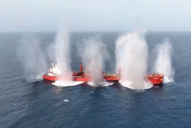 In this handout screen grab captured from a video provided by the Houthi group media center on July 9, it shows the targeted commercial vessel named &#34;the Magic Seas&#34; is targeted by the Houthi group&#39;s recent attack on July 8, 2025, in the Red Sea, Yemen.