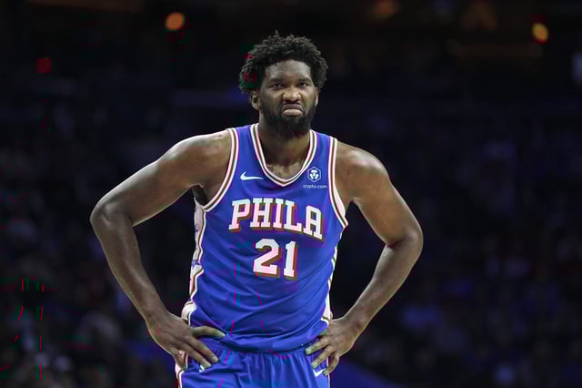 Joel Embiid #21 of the Philadelphia 76ers reacts against the Chicago Bulls in the first quarter at the Wells Fargo Center on January 2, 2024 in Philadelphia, Pennsylvania.