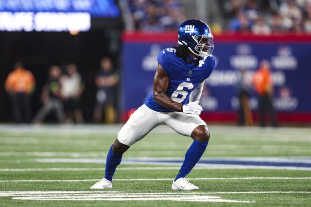 Bryce Ford-Wheaton #6 of the New York Giants runs a route against the Carolina Panthers during the second half at MetLife Stadium on Friday, August 18, 2023, in East Rutherford, New Jersey.