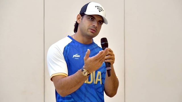 Neeraj Chopra while speaking at an event in Mumbai | Image: ANI
