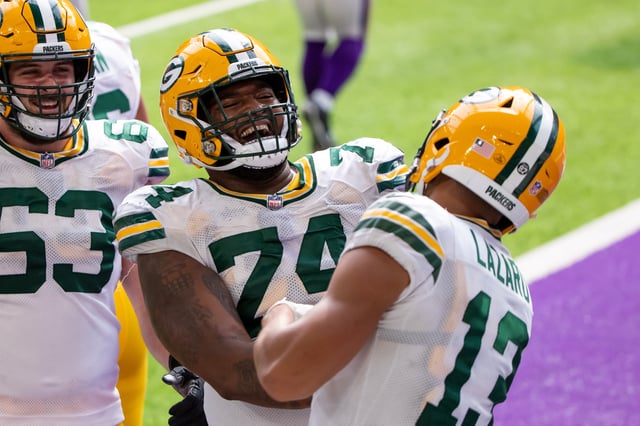 Sep 13, 2020; Minneapolis, Minnesota, USA; Green Bay Packers wide receiver Allen Lazard (13) celebrates his touchdown with offensive lineman Elgton Jenkins (74) in the fourth quarter against the Minnesota Vikings at U.S. Bank Stadium. Mandatory Credit: Brad Rempel-USA TODAY Sports/ File Photo