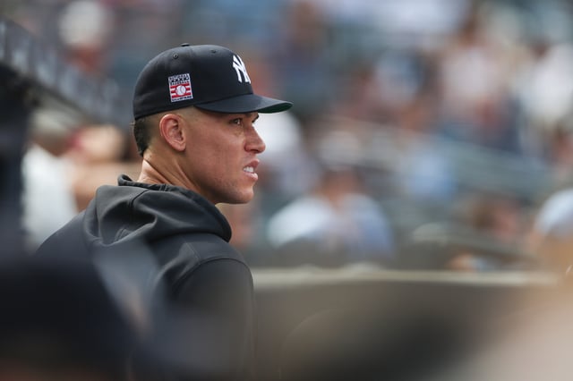 NEW YORK, NEW YORK - JULY 27: Aaron Judge #99 of the New York Yankees looks on during the fifth inning against the Philadelphia Phillies at Yankee Stadium on July 27, 2025 in the Bronx borough of New York City.