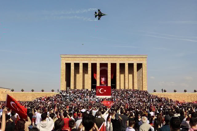 The Soloturk aerobatic demonstration team of the Turkish Air Force flies an F-16 aircraft over Anitkabir, the mausoleum of Turkish Republic&#39;s Founder Mustafa Kemal Ataturk, during celebrations to mark the 100th anniversary of the Republic of Turkey in Ankara, on October 29, 2023.