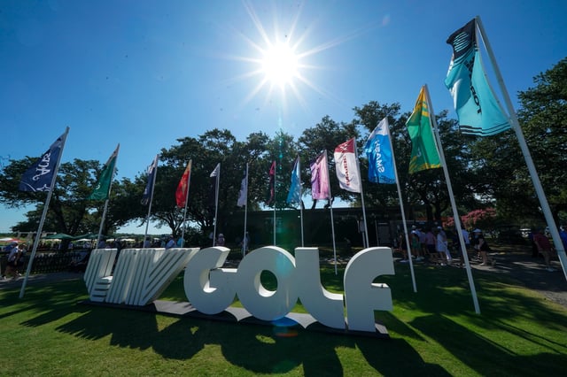 Jun 28, 2025; Carrollton, Texas, USA; The LIV Golf logo and team flags near the tenth tee during the second round of the LIV Golf Dallas golf tournament at Maridoe Golf Club. Mandatory Credit: Raymond Carlin III-Imagn Images/ File Photo