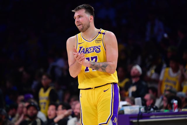 Apr 30, 2025; Los Angeles, California, USA; Los Angeles Lakers guard Luka Doncic (77) reacts during the second half in game five of first round for the 2025 NBA Playoffs at Crypto.com Arena. Mandatory Credit: Gary A. Vasquez-Imagn Images/ File Photo