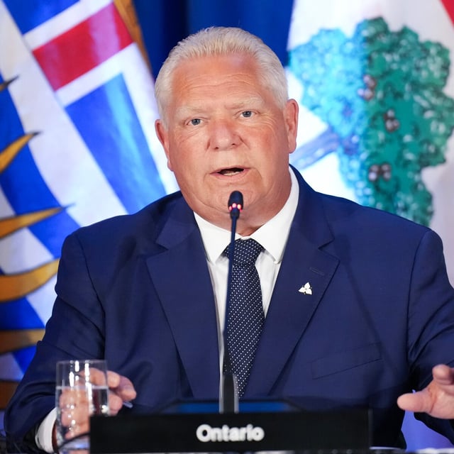 Ontario Premier Doug Ford speaks to the media during the meeting of Canada’s premiers in Huntsville, Ont., last week.