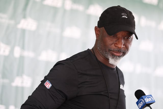 FLORHAM PARK, NEW JERSEY - JULY 28: Head coach Aaron Glenn of the New York Jets speaks to media during training camp at Atlantic Health Jets Training Center on July 28, 2025 in Florham Park, New Jersey.  (Photo by Ishika Samant/Getty Images)